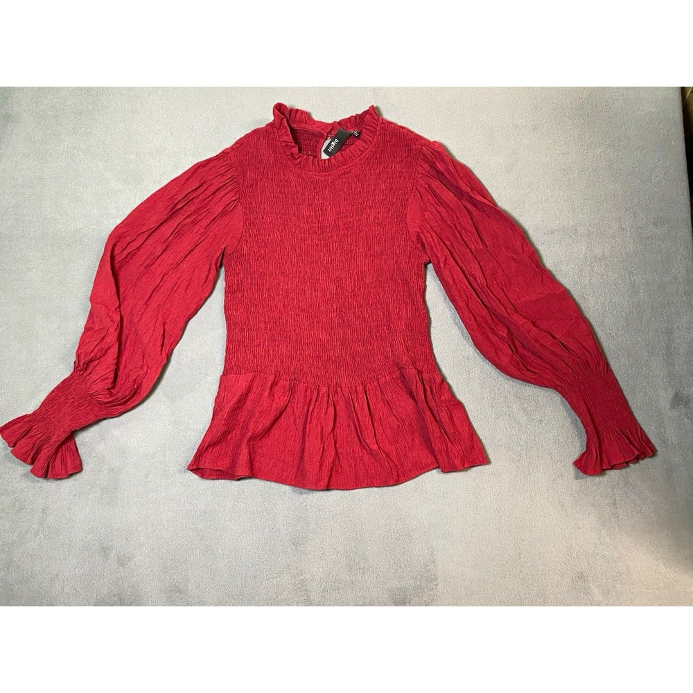 bigHit Women's Red Smocked Ruffle Neck Peplum Bishop Sleeve Blouse size Large